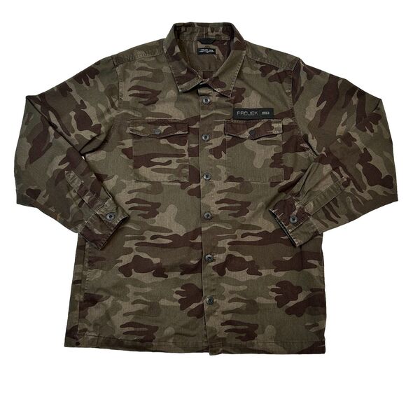 PROJEK RAW Men’s Large Camouflage Twill Trucker Shacket Army Military Jacket - Picture 1 of 10